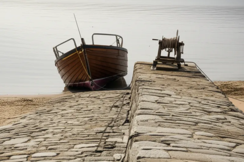 توضيح مرئي للكلمة "hard" - شاطئ صلب، منحدر للسفن