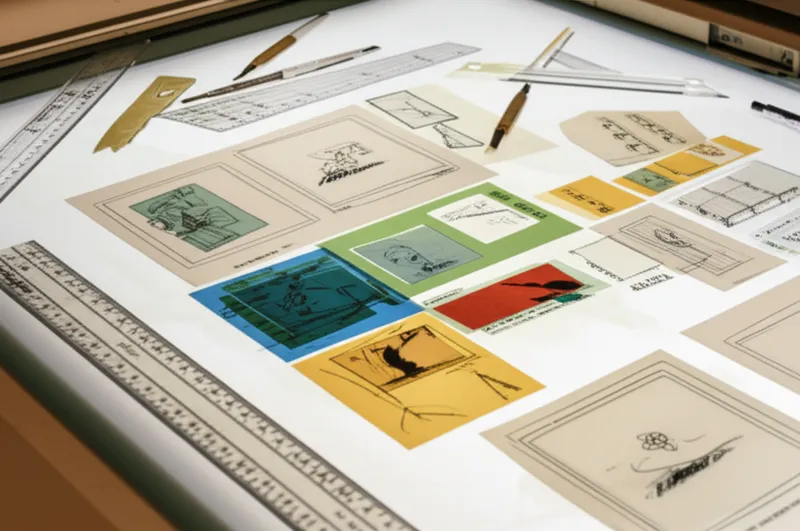 Illustration visuelle du mot « mechanical » - Mise en page manuelle d'une œuvre d'art prête à être photographiée pour la reproduction