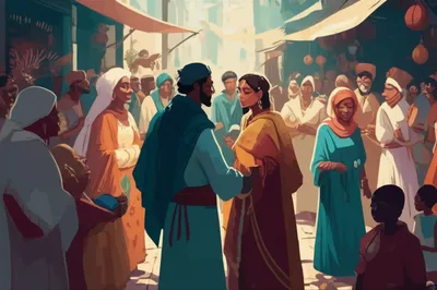 Visual illustration for the word "society" - A long-standing group of people sharing cultural aspects such as language, dress, norms of behavior and artistic forms.