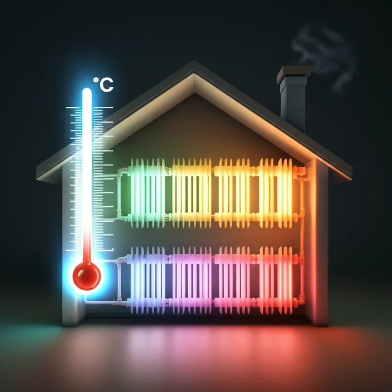 Illustration visuelle de compos: La relation entre la température de l'air extérieur et une température cible calculée pour la fourniture d'air ou d'eau aux pièces ou espaces contenus dans le but d'un chauffage efficace. Dans les systèmes de contrôle des bâtiments, la courbe de compensation est définie pour un compensateur à cet effet. - Image 1