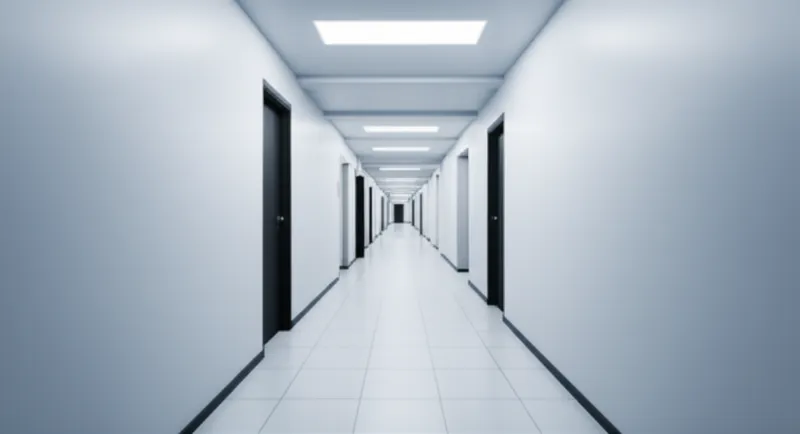 Visual illustration for the word "hallway" - A corridor in a building that connects rooms.