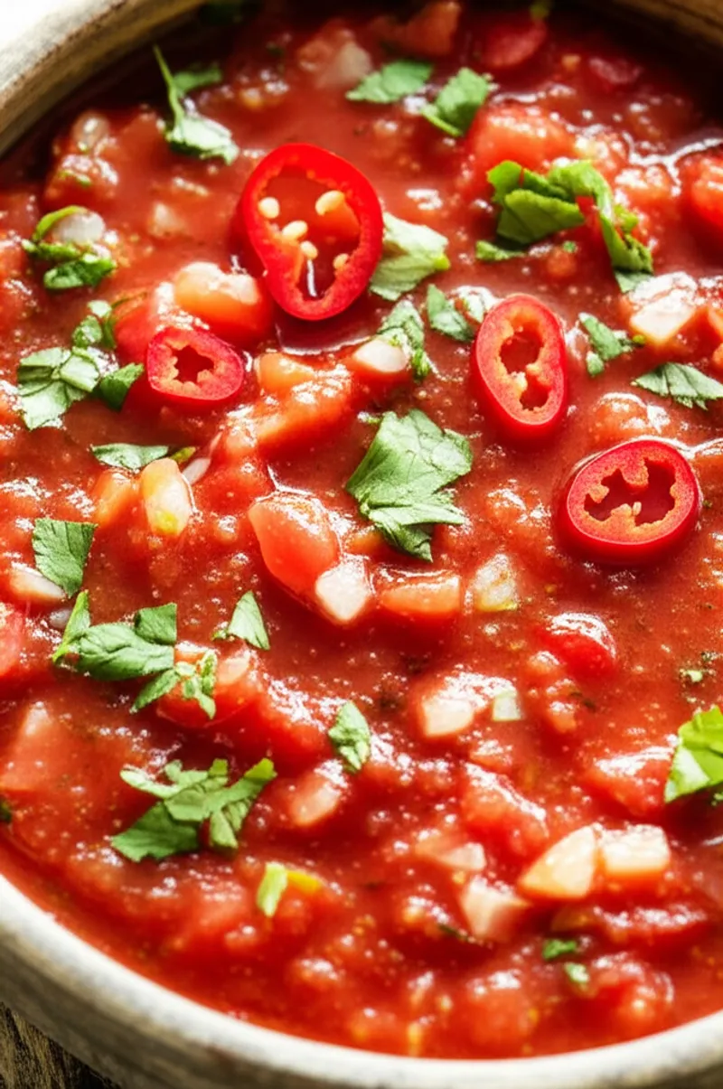 Visuelle Darstellung für das Wort „salsa" - Würzige Tomatensauce, oft mit Zwiebeln und scharfen Paprika
