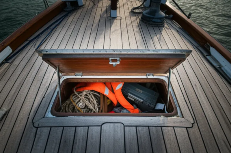 Illustration visuelle du mot « underfoot » - Compartiment de rangement sous le pont