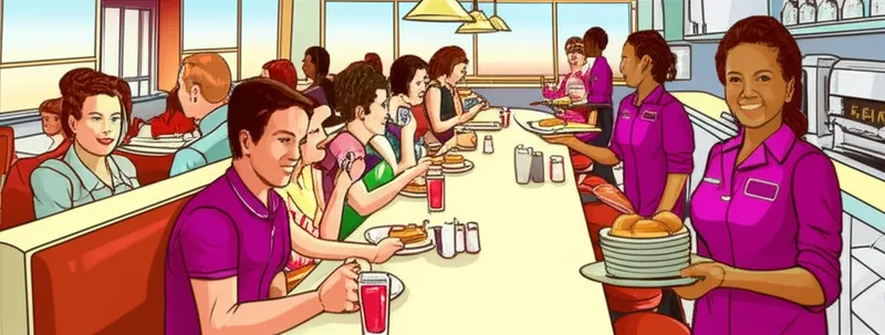 单词"restaurant"的视觉插图 - 饭店，餐馆。
