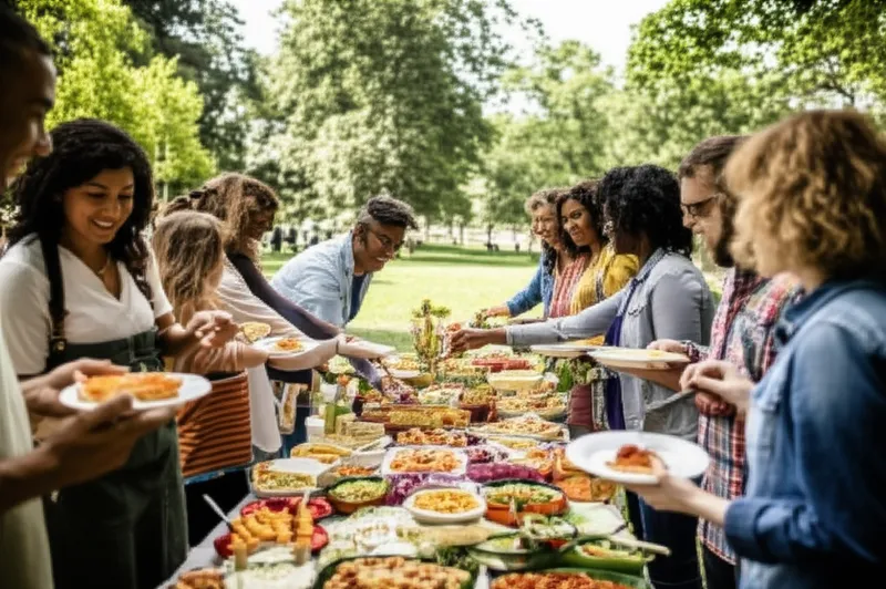 Visual illustration of pot luck: (originally Canada) A shared meal consisting of whatever guests have brought (sometimes without prior arrangement); a potlatch; also, a dish of food brought to such a meal. - Image 1