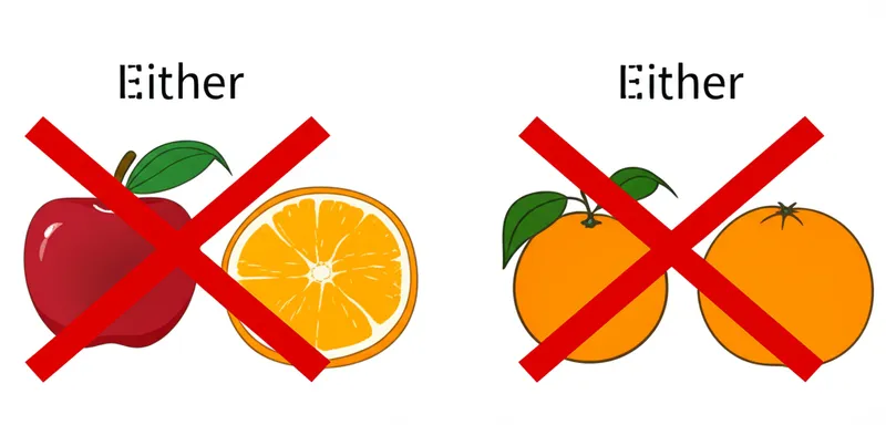 Ilustración visual de la palabra "either" - Tampoco, también