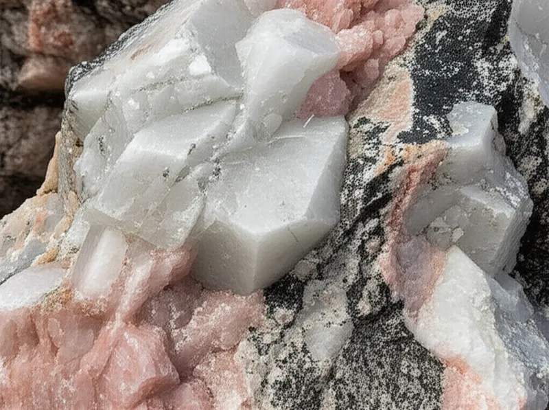 Visual illustration for the word "pegmatite" - A coarsely crystalline igneous or plutonic rock composed primarily of feldspar and quartz, normally with muscovite and/or biotite mica.