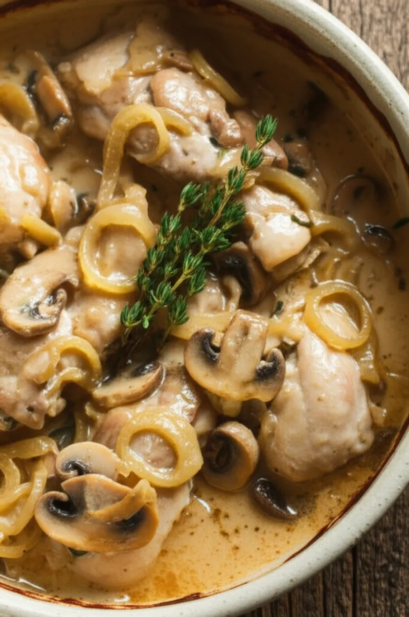 Ilustración visual de chasseurs: Un plato de carne cocinada en una salsa que contiene champiñones, chalotas y vino blanco - Imagen 1