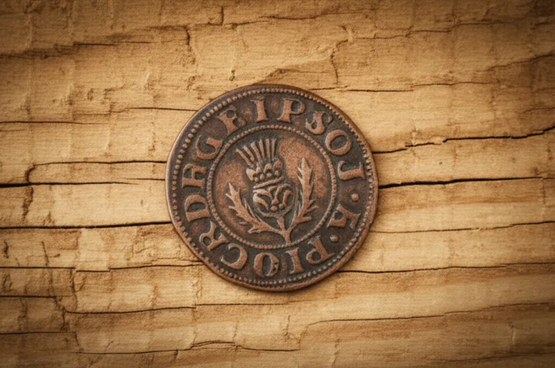 Visuelle Illustration von turner: Ein alter schottischer Kupfer-Münze im Wert von zwei Pence, herausgegeben von König Jakob VI. - Bild 1