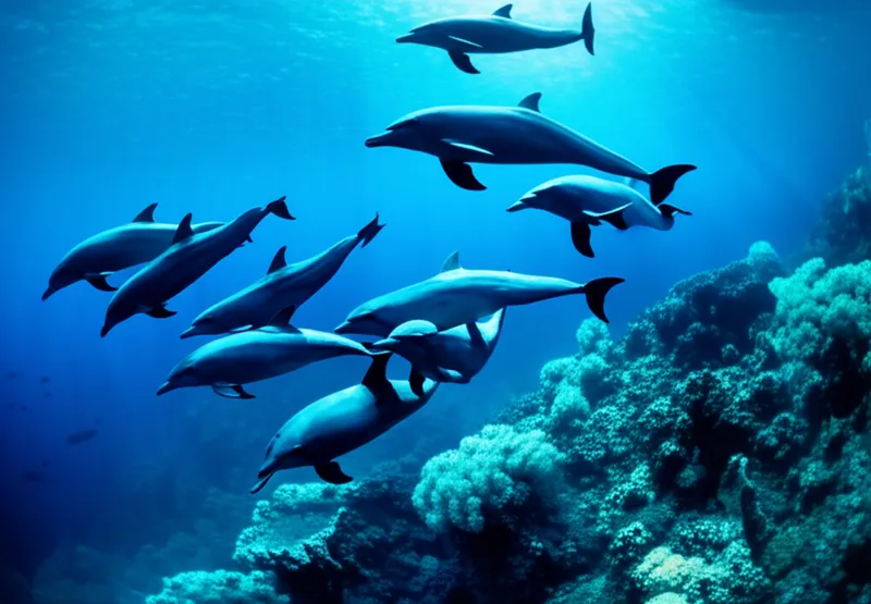 Visual illustration for the word "school" - (collective) A group of fish or a group of marine mammals such as porpoises, dolphins, or whales.