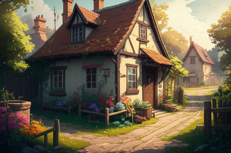 का दृश्य चित्रण erf: गाँव या बस्ती में विरासत में मिला छोटा घर और बगीचा - छवि 1